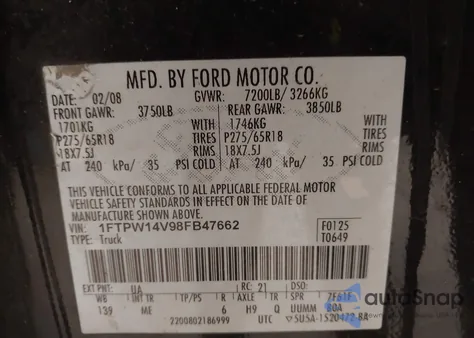 2008 Ford F-150 60Th Anniversary/Fx4/King Ranch/Lariat/Xlt из США, поврежденный, VIN 1FTPW14V98FB47662